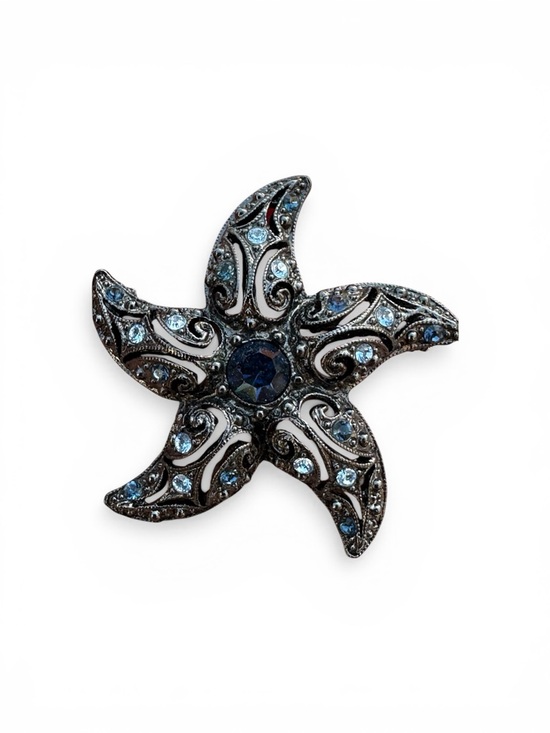 Jewelry - Vintage Rhinestone Starfish Brooch Blue Crystal Sea Star Pin Gunmetal Tone